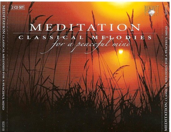CD-hoes met zonsondergang achter silhouet van grassen, titel: Meditation Classical Melodies for a peaceful mind.