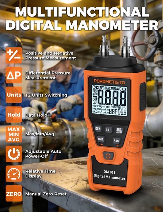 Digitale Manometer, Handmatige Kalibratie, Aangepaste Nulstelling, Realtime Meting, Max/Min/Gemiddelde Registratie, HVAC Manometer, 12-eenheden Gasdrukmeter, Differentiële Drukmeter — afbeelding 4