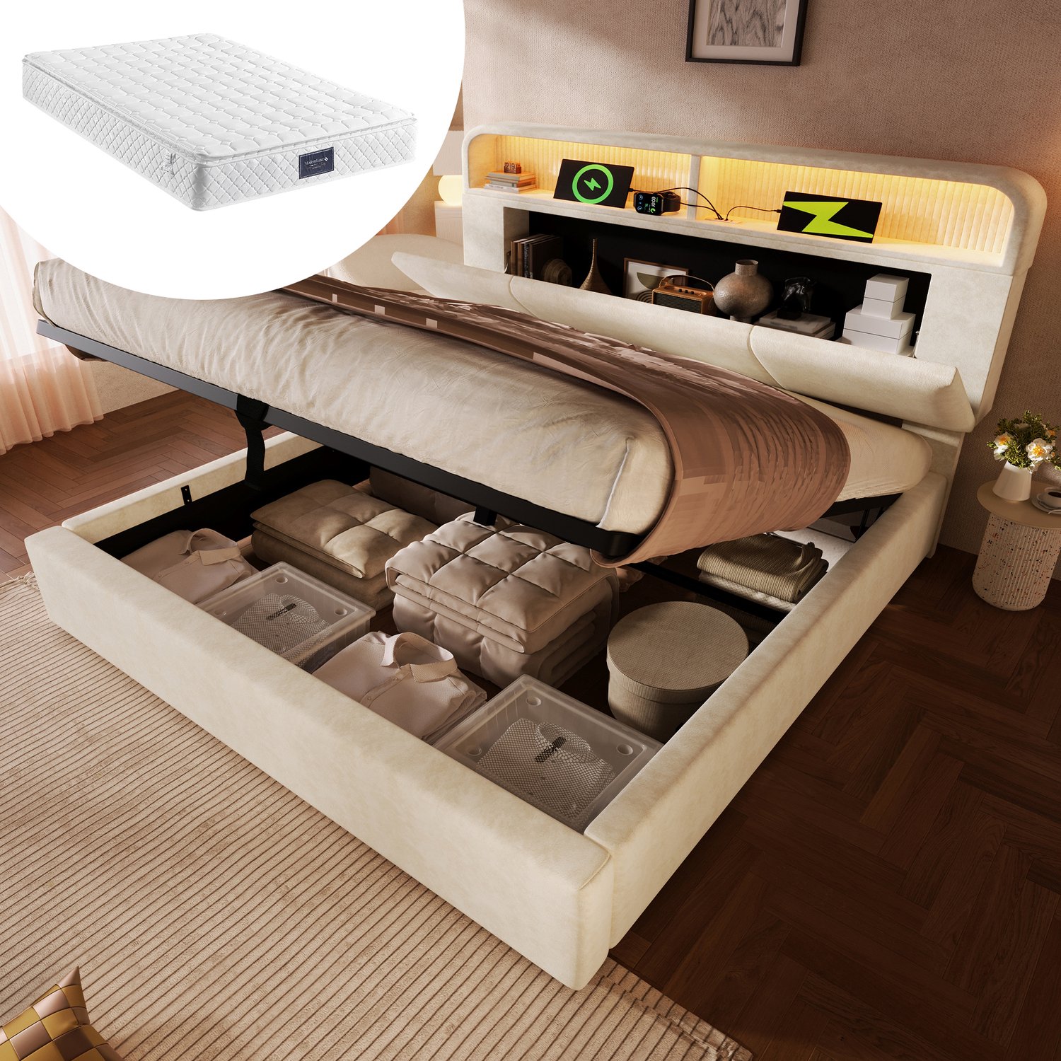 intebiki Gestoffeerd tweepersoonsbed 140x200 cm met in hoogte verstelbaar hoofdeinde met opbergruimte - hydraulisch bed met ledverlichting en USB/Type-C laadstation - fluweel - beige - incl. lattenbodem (met matras)