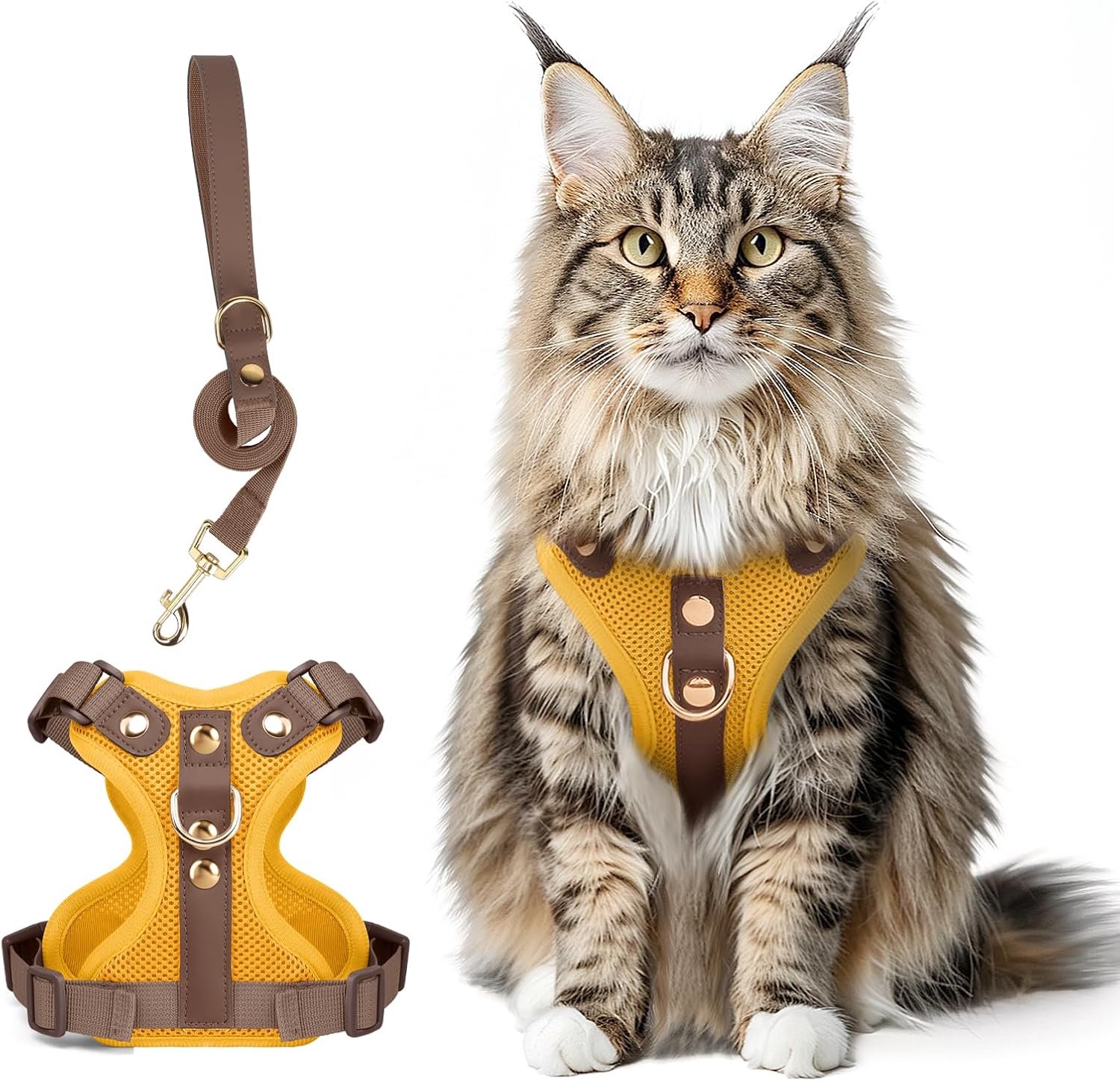 Kattenharnas met lijn, lederen vest, geel, XL