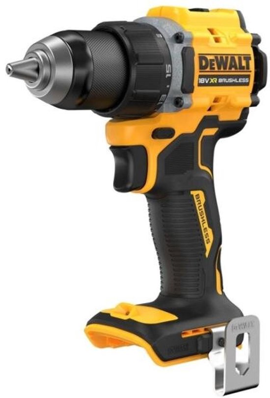 Geel-zwarte DeWalt 18V XR Brushless accuboormachine met metalen boorkop en riemclip.
