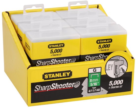Displaydoos met acht doosjes Stanley SharpShooter nietjes van 8mm, type G, 5000 stuks per doosje.