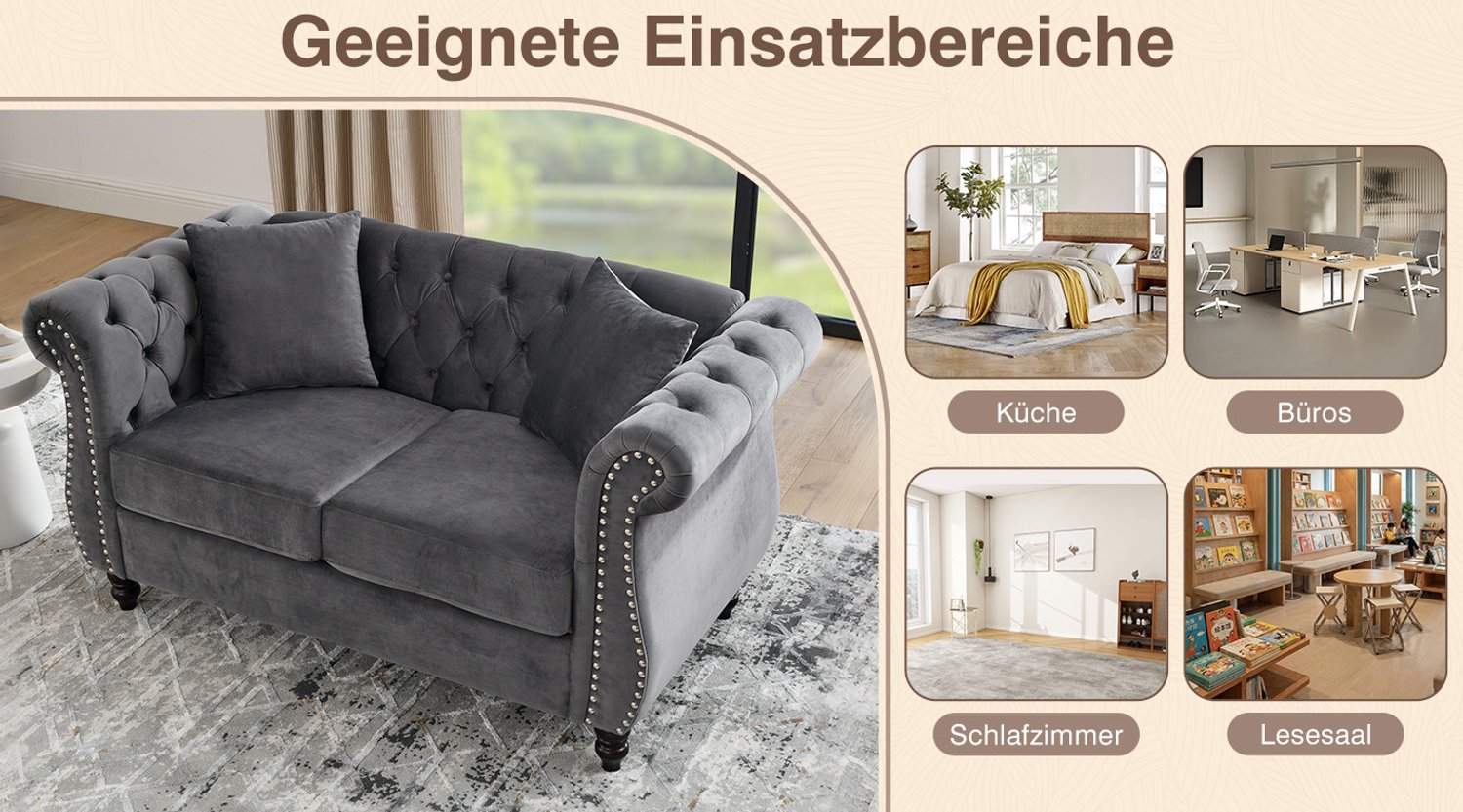 REDOM Chesterfield bank 2-zits - Fluwelen bekleding en zilverkleurige nagelkoppen - Grijs