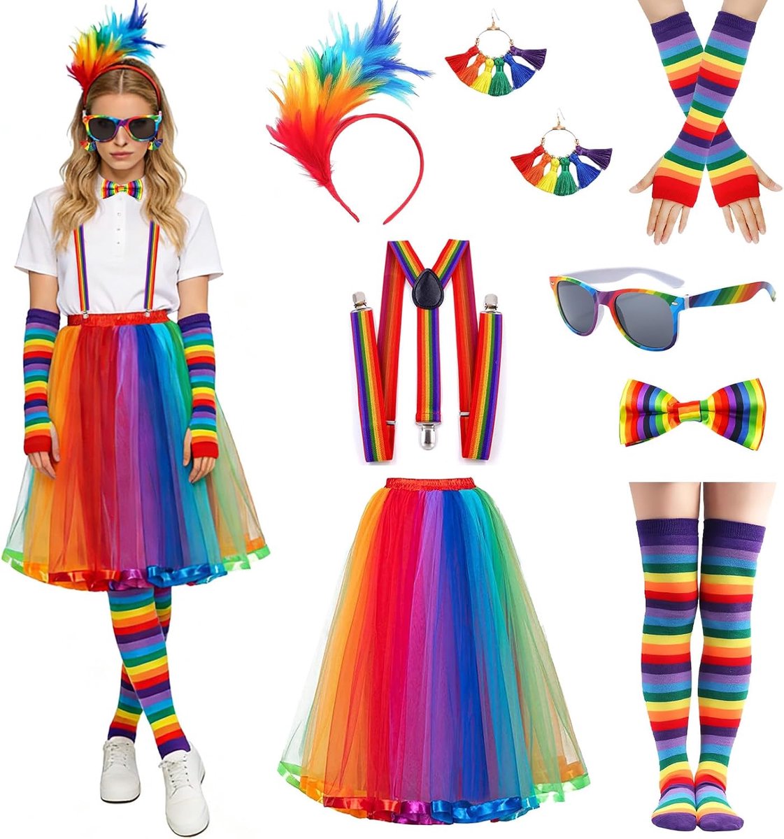 tule rok, 8 stuks, regenboogrok, dames, tule, regenboogrok, tule rok voor dames met riem, kleurrijke veren, hoofdband, voor carnaval, Halloween, carnaval, themafeest