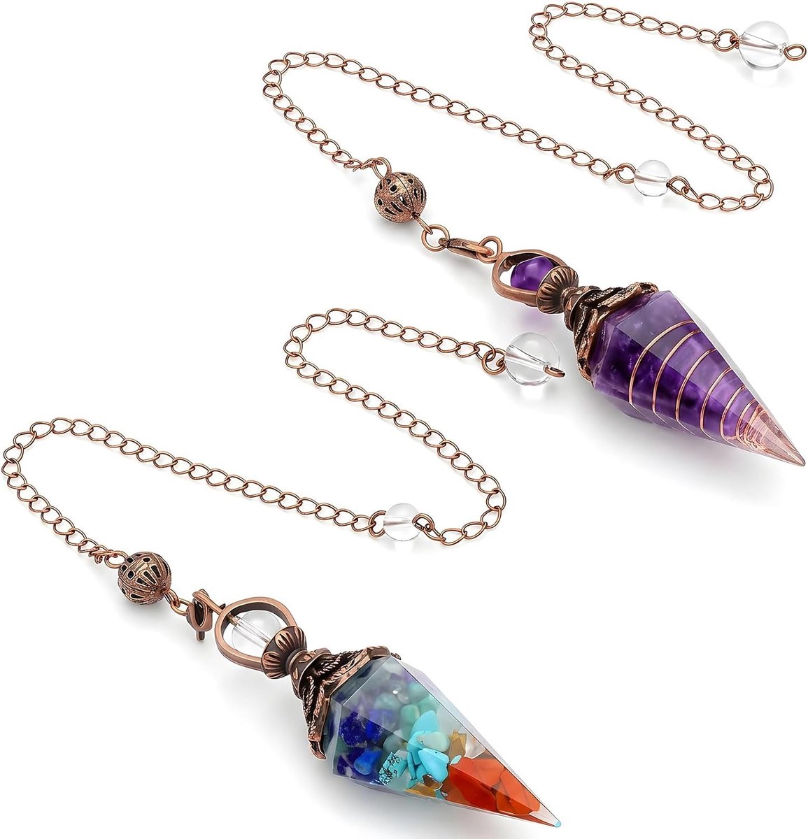 2 stuks pendel, edelsteen, pendel, kristal, amethist/bronskleuren, kristallen pendel, zeshoekige hanger met ketting, helende stenen, geschenken, ornamenten voor waarzeggerijen, hekserij, ceremonie