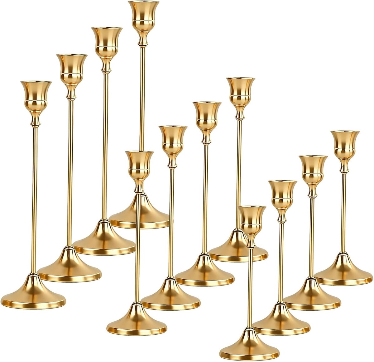 goud 12 set, kandelaar, staafkaarsenstandaard, hoge en korte kandelaar, vintage kaarsenhouder, goud, voor bruiloften, feesten, diners, jubileum, kerstdecoratie, binnen tafel