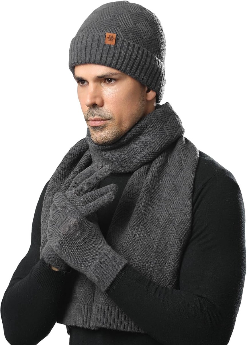 Handschoenen voor heren, 3-delige set, winter, warm, zachte set met touchscreen-handschoenen, muts en sjaal, ideaal cadeau voor heren, Kerstmis of verjaardag