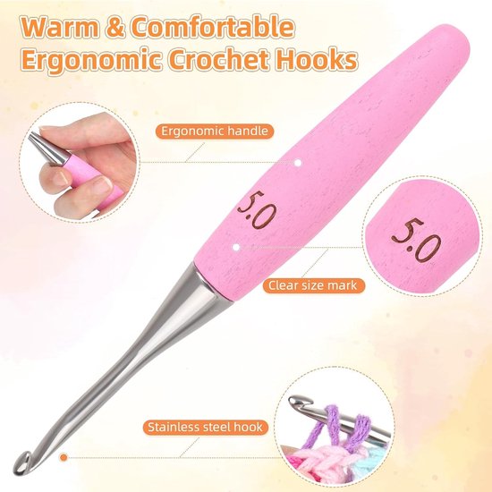 Ergonomische Haaknaalden van 5mm met Beukenhouten Handvatten, Ideaal voor Beginners en Perfect voor Het Haken van Mutsen en Creatieve Projecten — afbeelding 5
