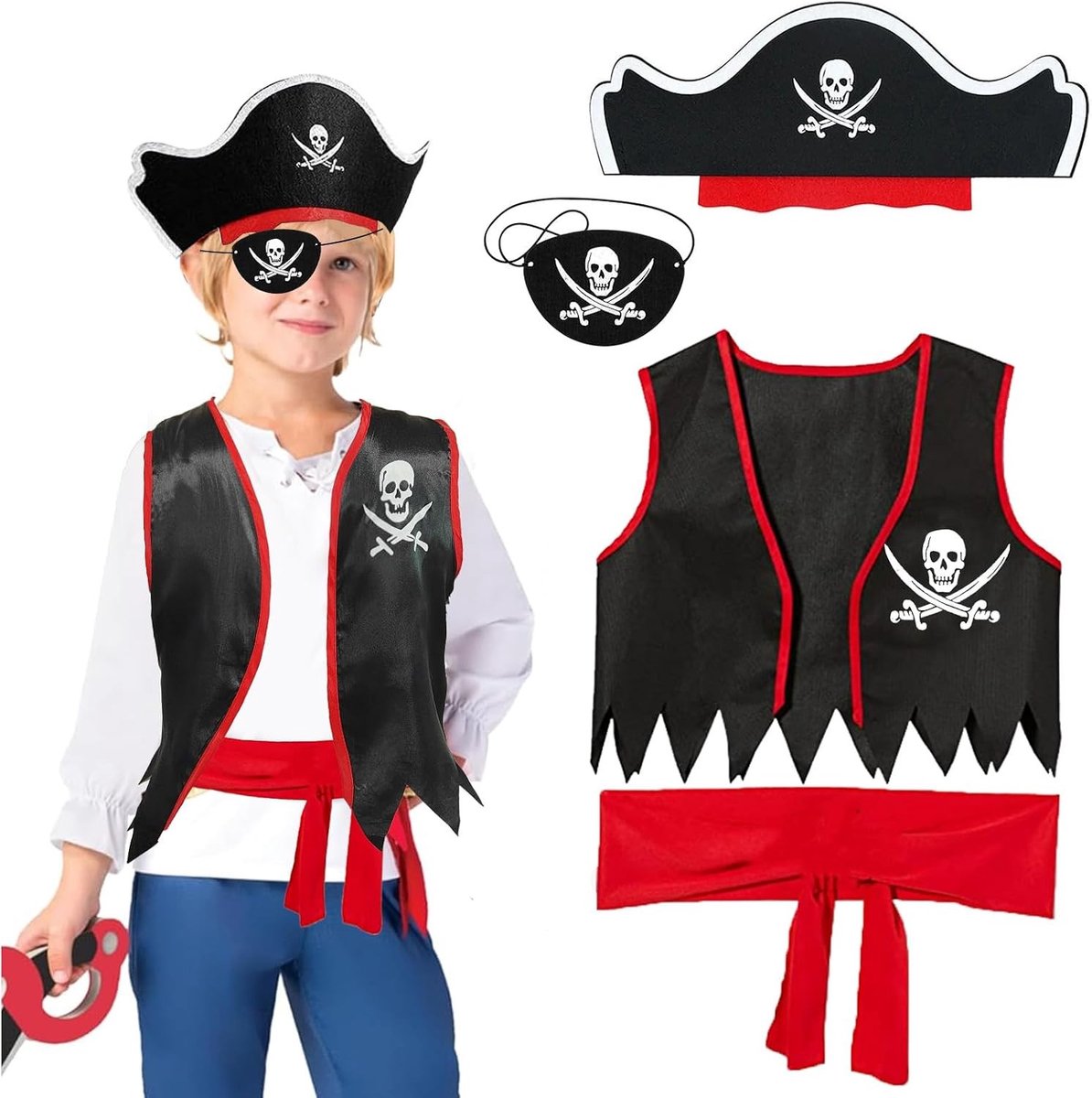 Piratenkostuum voor Kinderen, 4-delig Set voor Rollenspel en Verkleedfeest, Geschikt voor Jongens en Meisjes