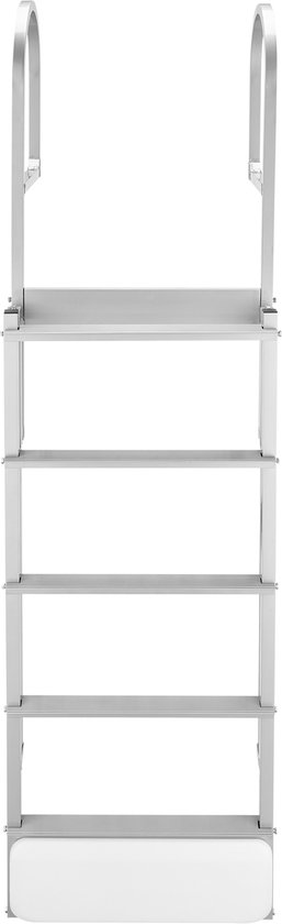 Rechte, zilverkleurige aluminium bootladder met 5 treden, met gebogen handgrepen aan de bovenzijde en een platte voetplaat aan de onderzijde.