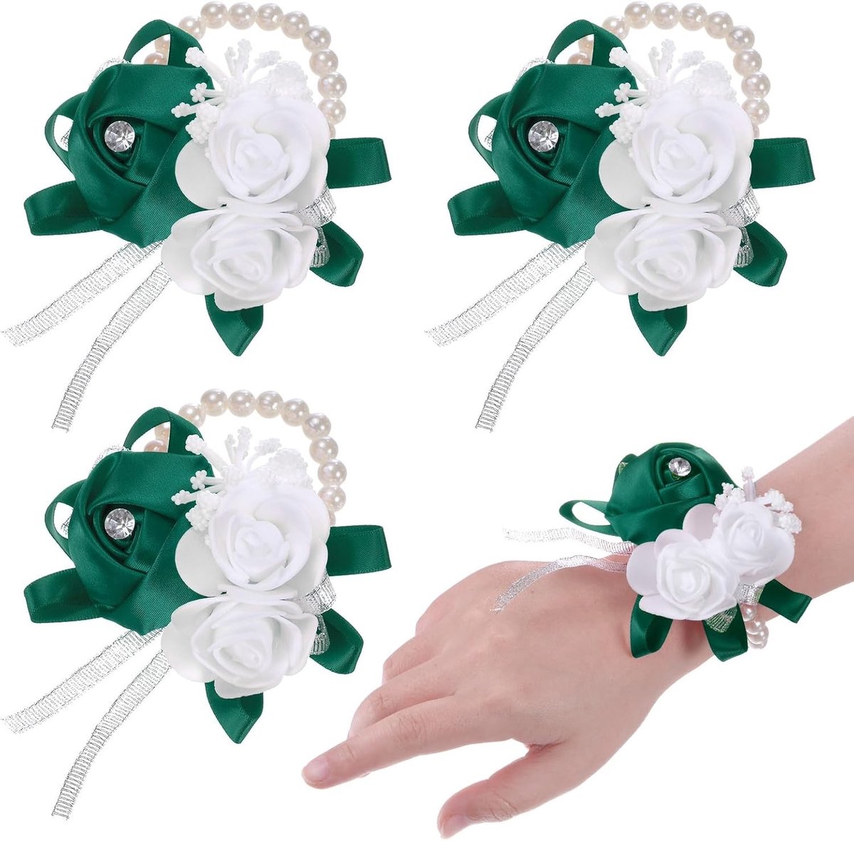 3-Pack Corsage Wristband, Elastische Parels Pols Corsage Bands voor Bruiloft, Handgemaakte Bloemdecoratie voor Bruidsboeket en Bruidsmeisjes [Donkergroen]