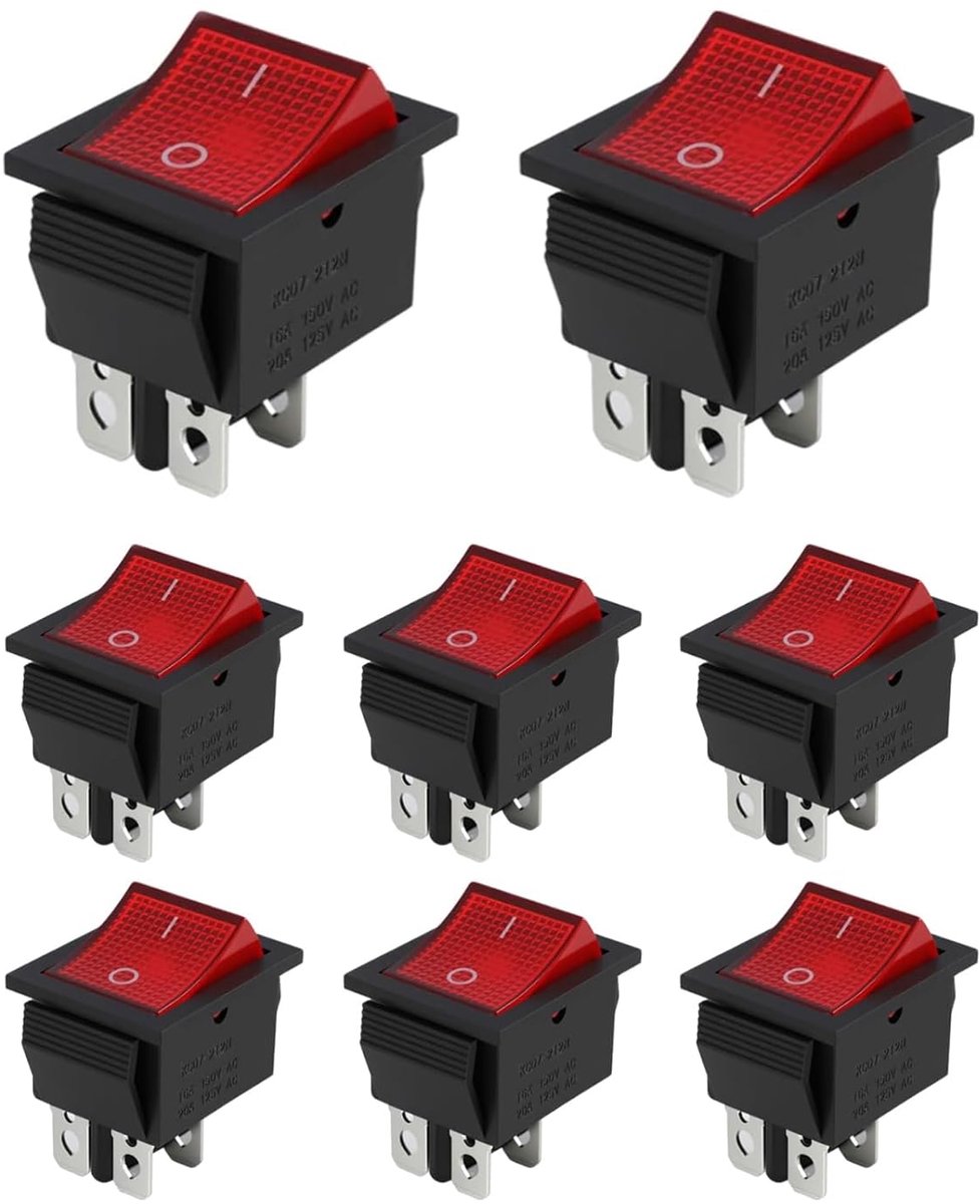 8 stuks ON-OFF tuimelschakelaar DPST 4-polig 16 A 250 V met rode controlelampje, tweepolige schakelaar, 2 posities voor elektrische apparaten, aan/uit-schakelaar