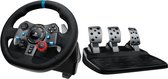 Een gaming stuurwiel met lederen grip, blauwe accenten en een zwarte pedaalset.