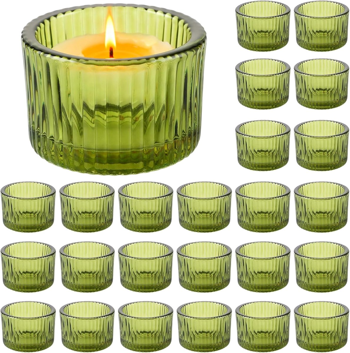 24 Stuks Glazen Kaarsenpotjes, 54 x 35 mm Groene Kaarshouder voor Waxinelicht Tafel Decoratie Bruiloft Feest Vensterbank Eettafel Thuis Normaal Gebruik