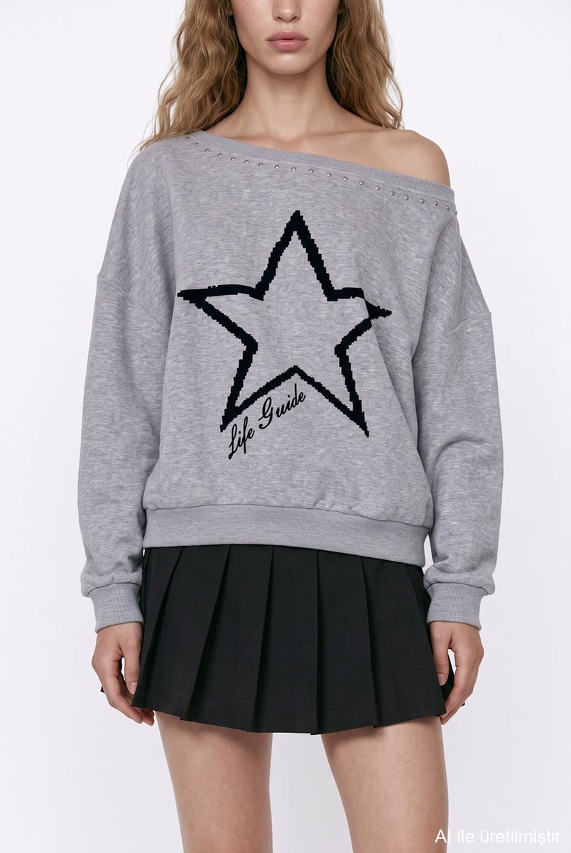 Van Verla - Off-shoulder sweater met sterprint - Lange mouw - Grijs - Maat M