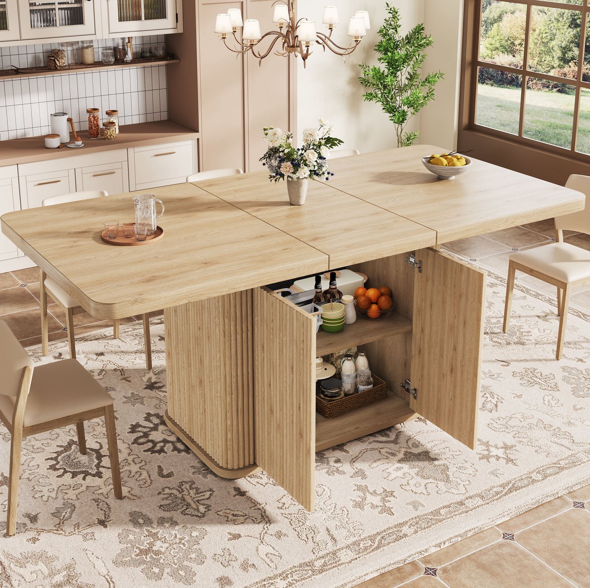 FloraGrace Eettafel - Uitschuifbaar van 140 tot 180 cm met Verborgen Opbergruimte - voor Eten, Werken en Bezoek - MDF en Metaal - Houtlook Licht