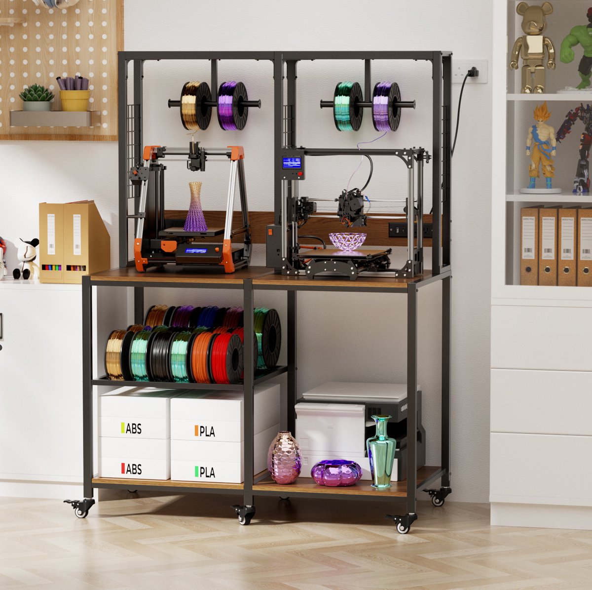 DESMIU 3D-printertafel Dubbele Werkplek – 119,9 x 59,9 x 160 cm – Metaal – Zwart – Filamentopslag – Vergrendelbare Wielen – voor Twee Printers