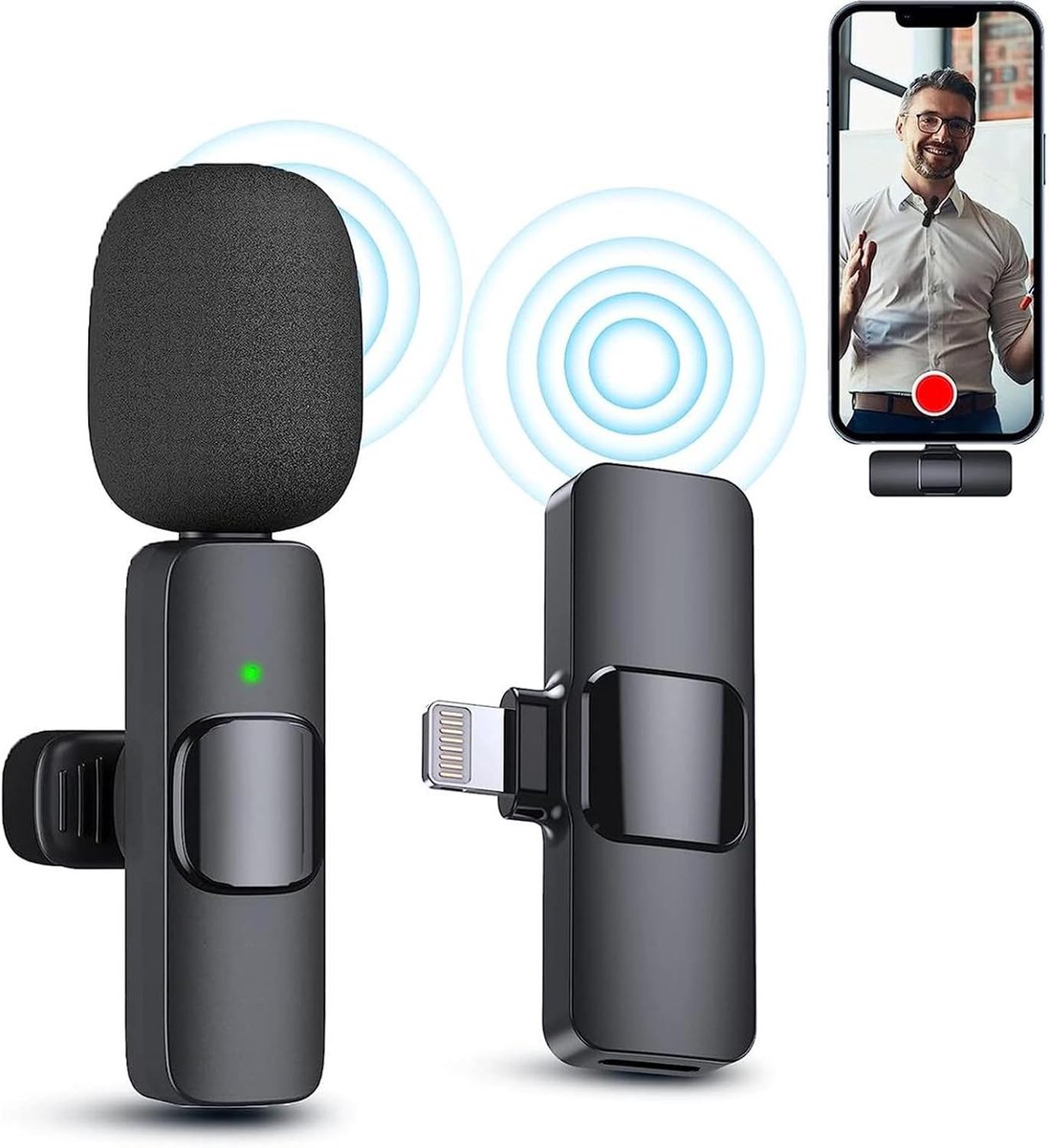 Microfoon voor smartphone, iOS, lavalier-microfoon, draadloze mini-microfoon, smartphone-microfoon, bluetooth-microfoon voor YouTube, streaming, vlog, Twitch, live plug & play