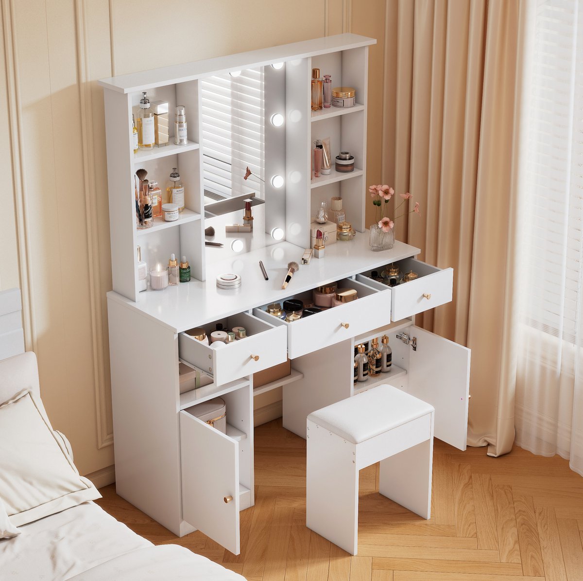 MEUNIQ Kaptafel 110 x 40 x 151 cm met spiegel, verstelbare LED-verlichting, kruk, 3 lades en 2 deuren voor slaapkamer - Wit
