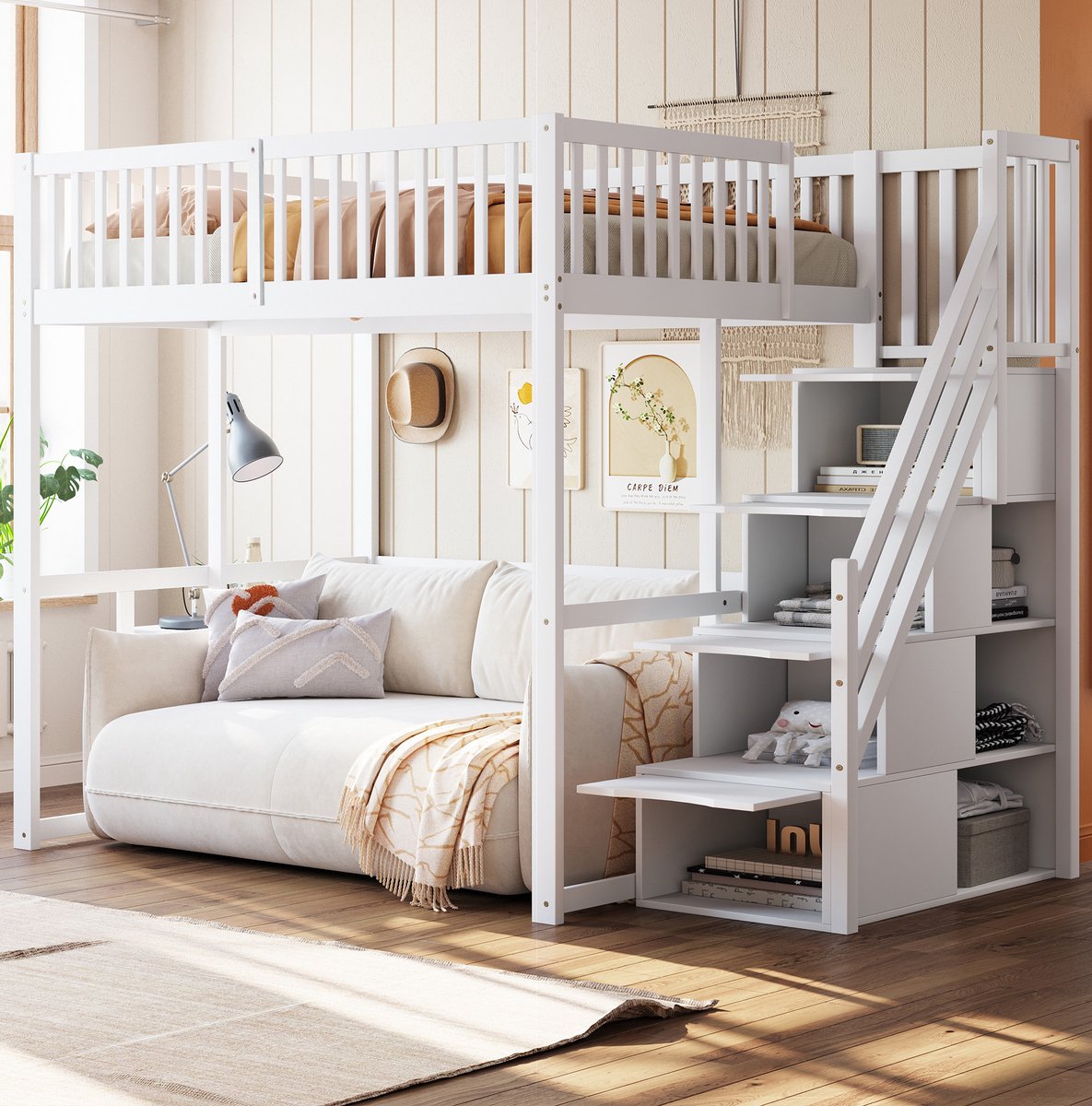 MEUNIQ Hoogslaper 140x200 cm met opbergtrap, veiligheidshek en 15 latten – wit houten bedframe voor de kinderkamer met ruimte onder het bed