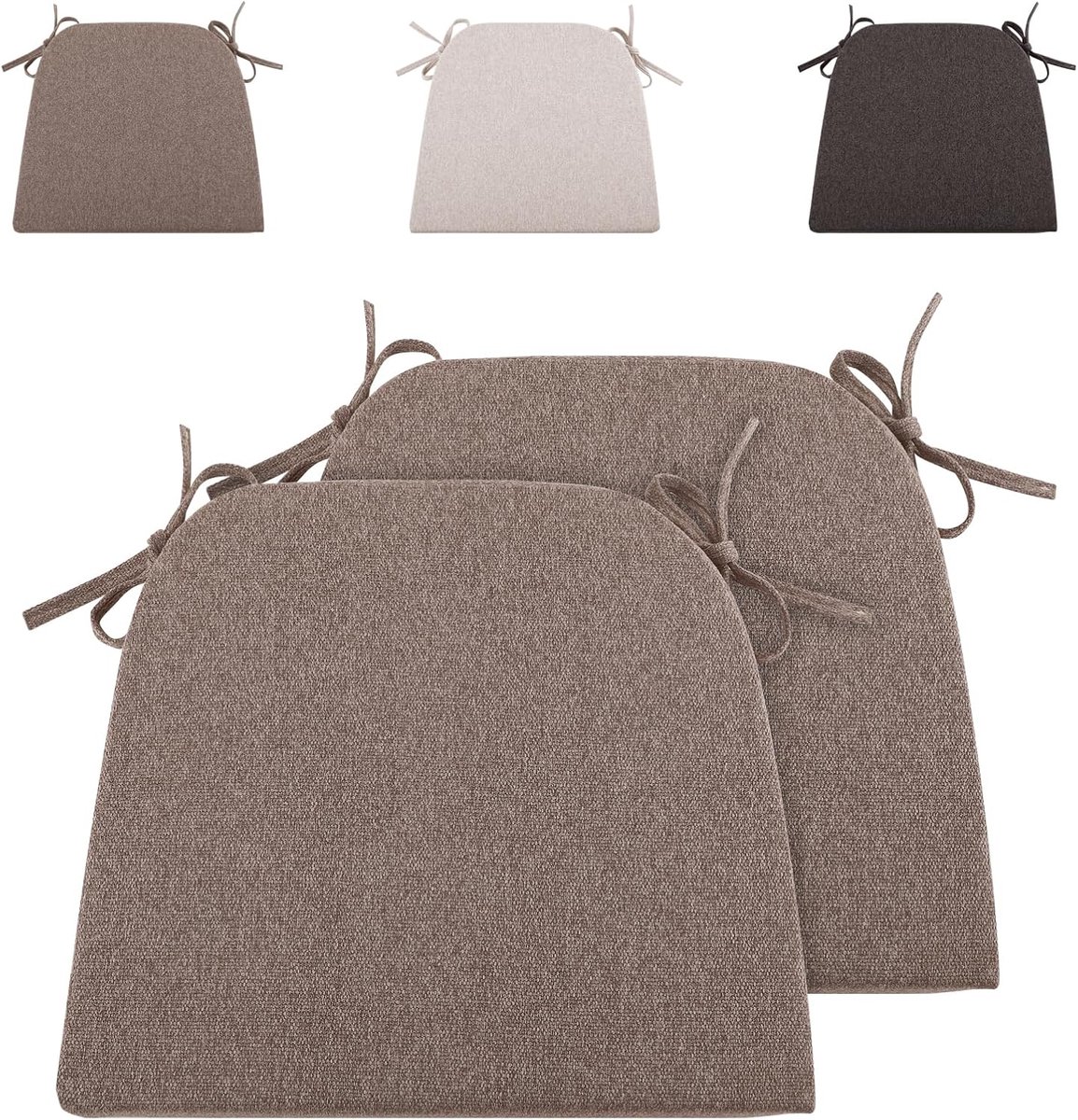 Stoelkussen, 43 x 41 cm, zitkussen, voor buiten, tuinstoelkussen, zitkussen voor rotanstoelen, outdoor, stoelkussen, met linten, grijsbruin, 2 stuks