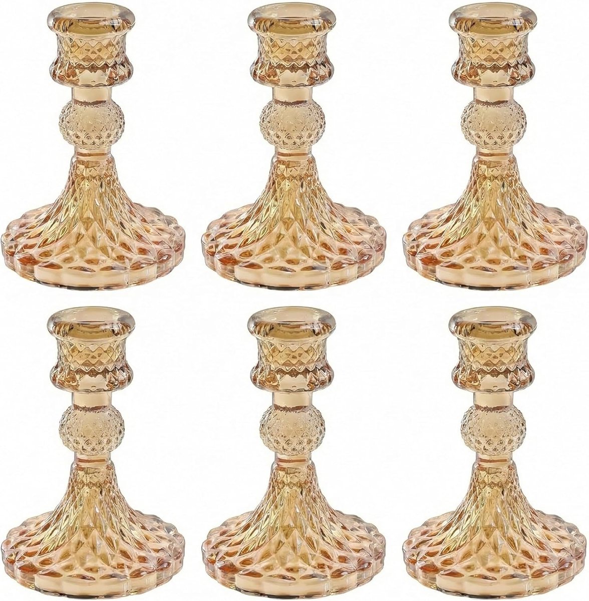 Glazen kandelaarset, 6-delig, barnsteen, transparante kandelaar voor staafkaarsen, elegante tafeldecoratie voor bruiloft, Kerstmis en woondecoratie