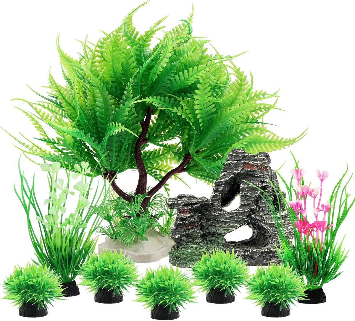 Aquarium kunstplanten decoratie, 9 stuks groene aquarium kunststof planten met hars-holte vis tank accessoires