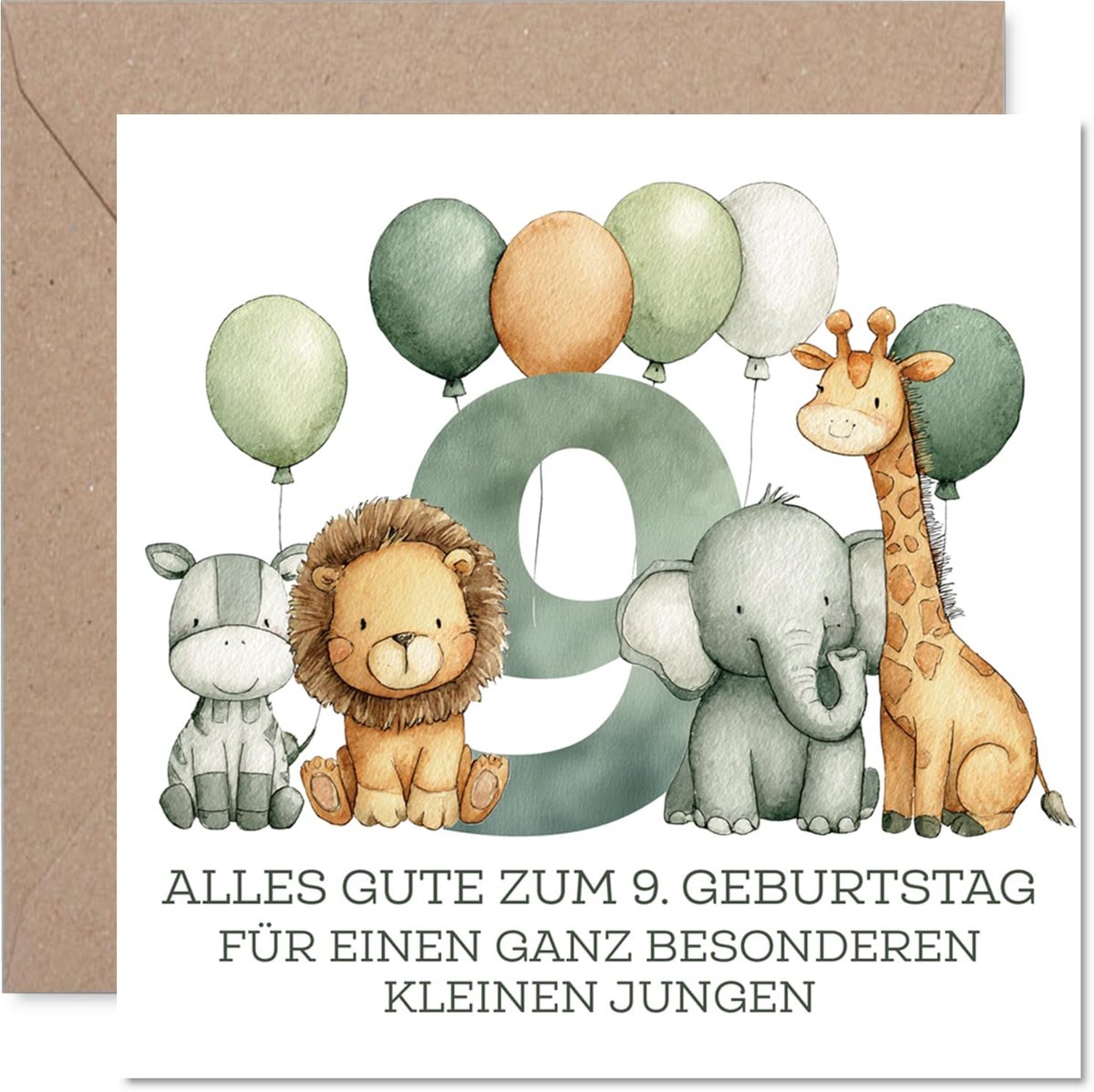 Geburtstagskarte zum 9. Geburtstag - Fröhliche Tiere Feiern mit Ballons - Bunte Tiergruppe und Große 9 im Mittelpunkt - 145 mm Quadratisch, Umschlag Inklusive