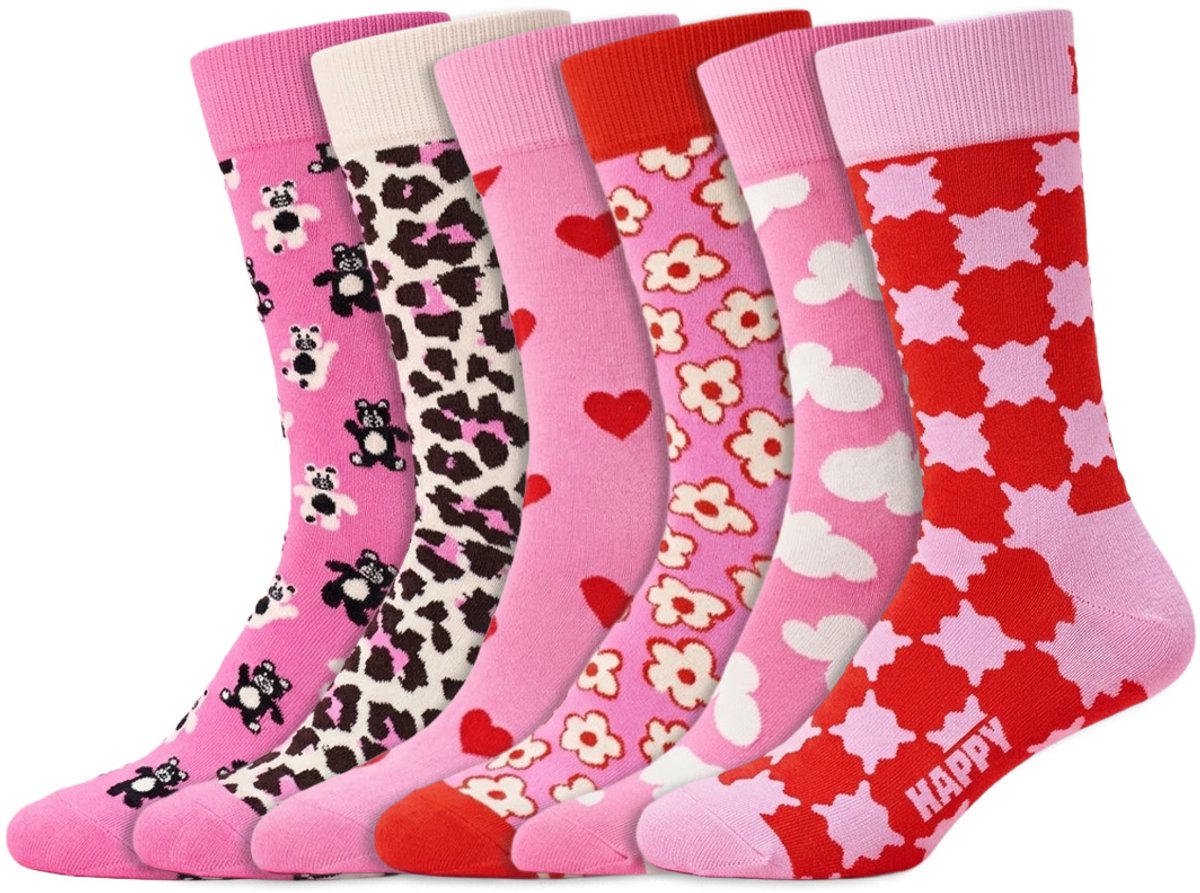 6 Paar – Happy Socks – Thema Roze – Dames & Heren – Katoen – Diverse Printjes