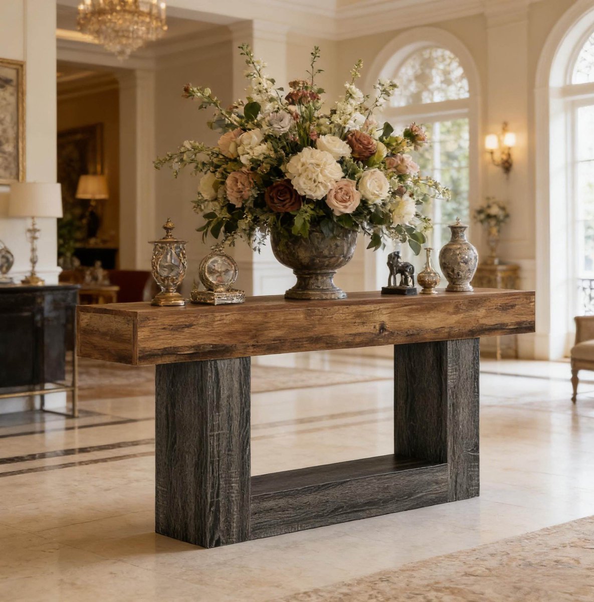 MEUNIQ Sidetable en console tafel 160 cm – rechthoekige haltafel met open onderplank en U-vormige basis voor woonkamer of hal – grijs en rustiek bruin