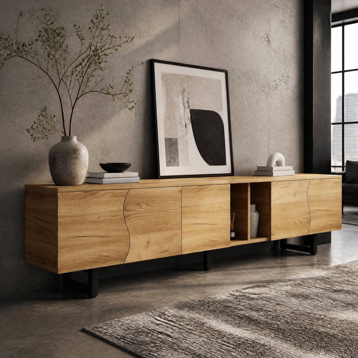 MEUNIQ TV-meubel 191 x 38 x 46,5 cm met vijf deuren, open vakken en metalen frame, opbergkast voor woonkamer in naturel houtlook Natuurlijk