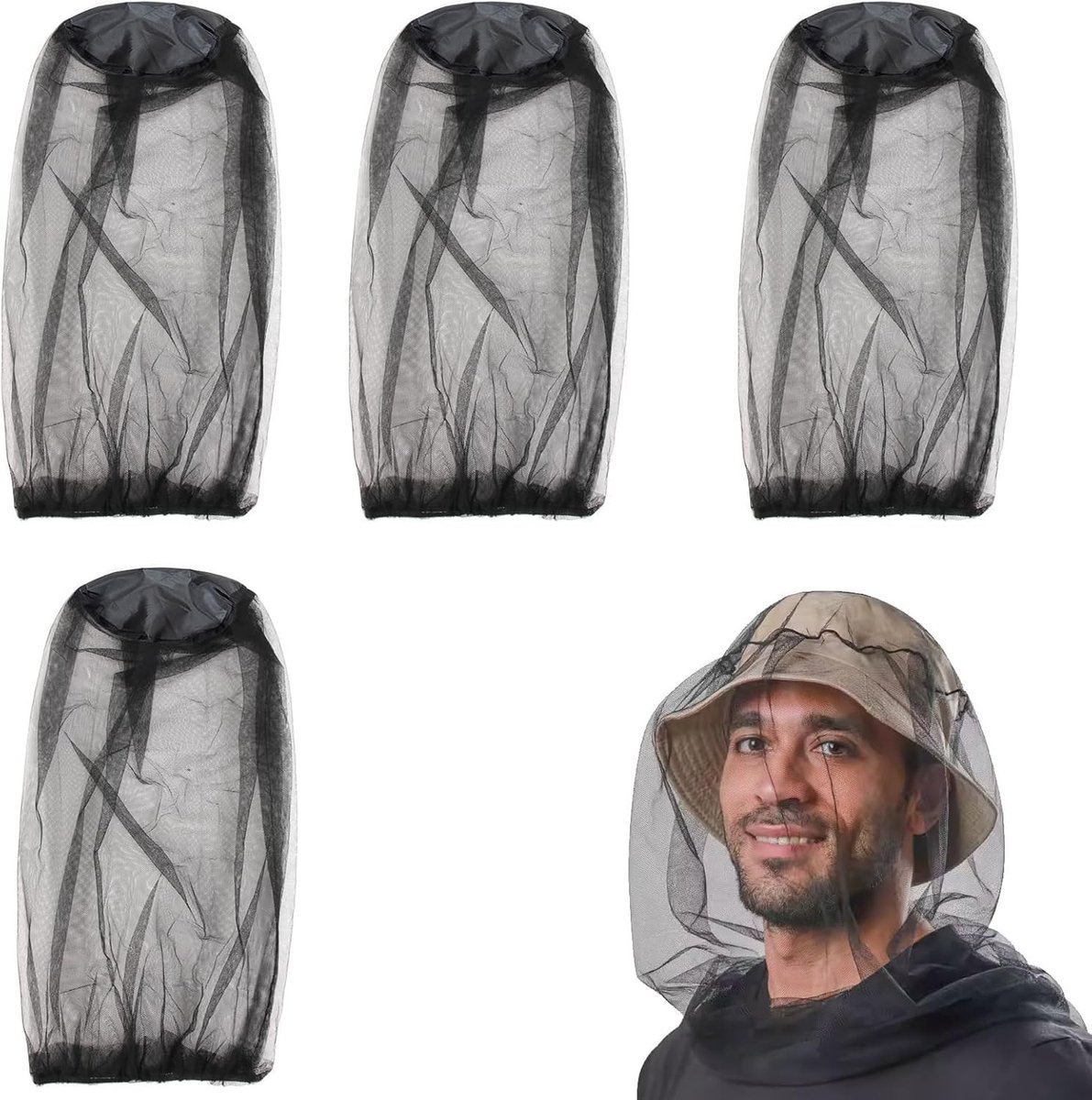 Mosquito Net Hoofdbescherming - 4 Stuks Insectenbescherming voor Buiten, Kamperen en Reizen - Super Fijn Net, Zwart, Ideaal voor Buitenliefhebbers