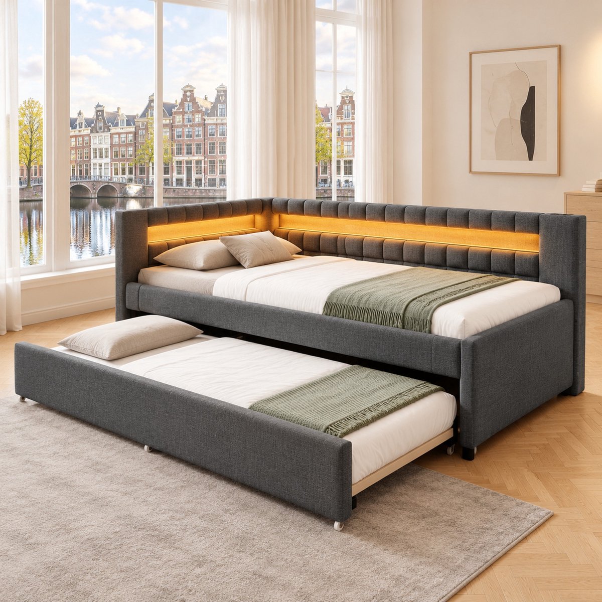 WUVRIE Slaapbank 90x200 cm met uitschuifbed, LED-verlichting, USB + Type-C, linnen bekleding, grijs, zonder matras