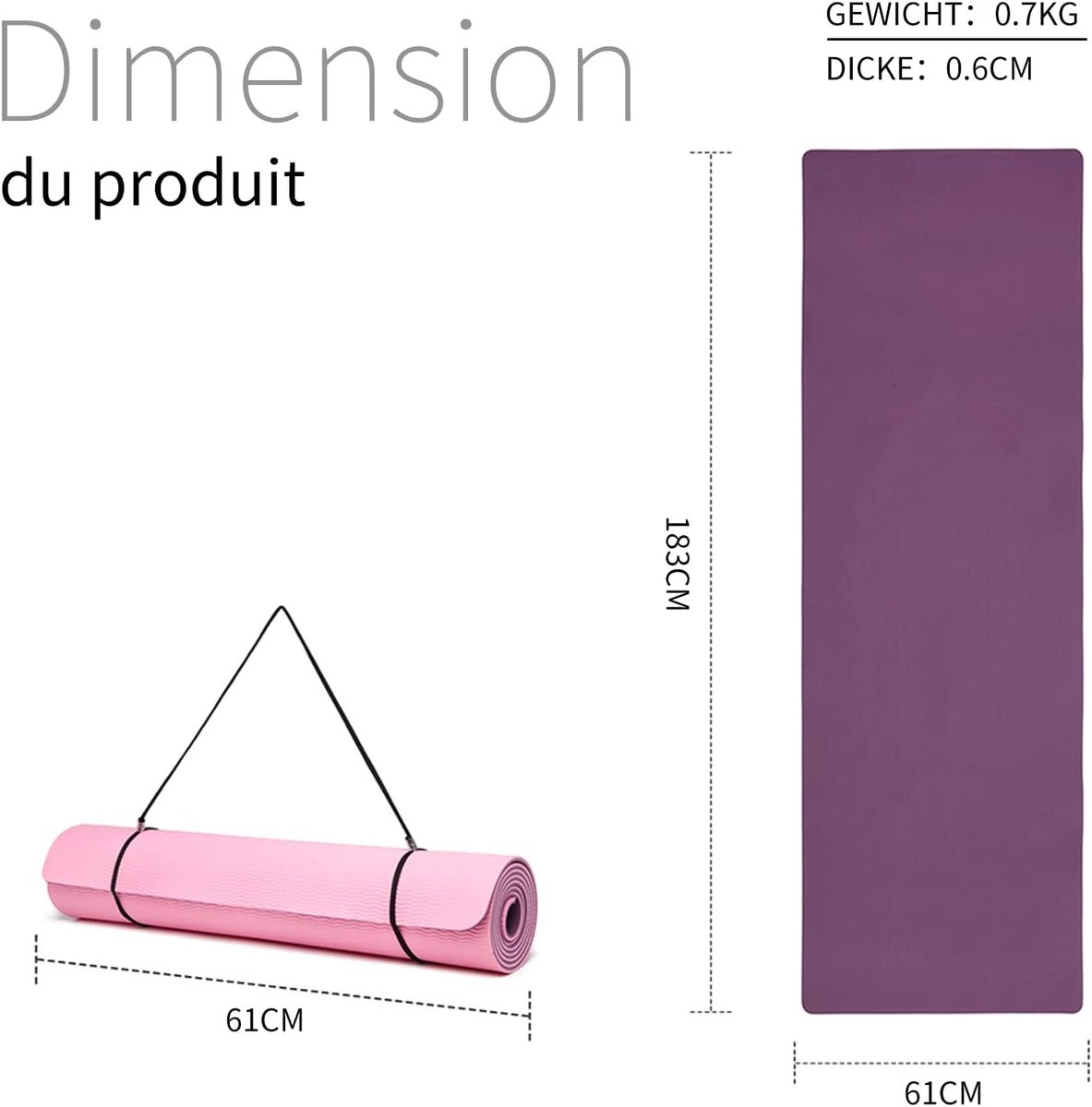 Oefenmat, gymnastiekmat, yogamat, fitnessmat, antislip pilatesmat met draagriem, 183 x 61 x 0,6 cm, donkerpaars + licht poederkleurig.