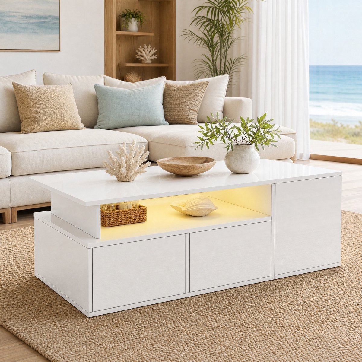 MEUNIQ Salontafel 100 x 50 x 35 cm met LED-verlichting, 2 lades, halfopen vak en 3 zijvakken, hoogglans wit, opbergruimte woonkamer