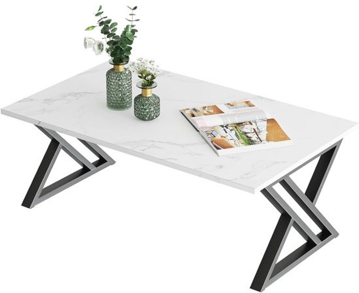 Moderne salontafel met open opbergruimte en metalen frame - Wit en zwart afgerond