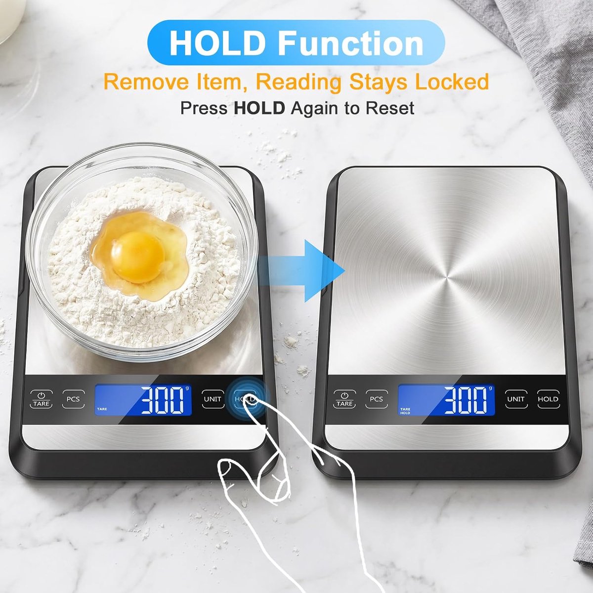 Digitale keukenweegschaal, 15 kg, hoge precisie, 1 g, met hold-functie en aantal tellen, instelbare uitschakeltijd, brievenweegschaal voor zuurdeeg, bakken en koken, groot lcd-display