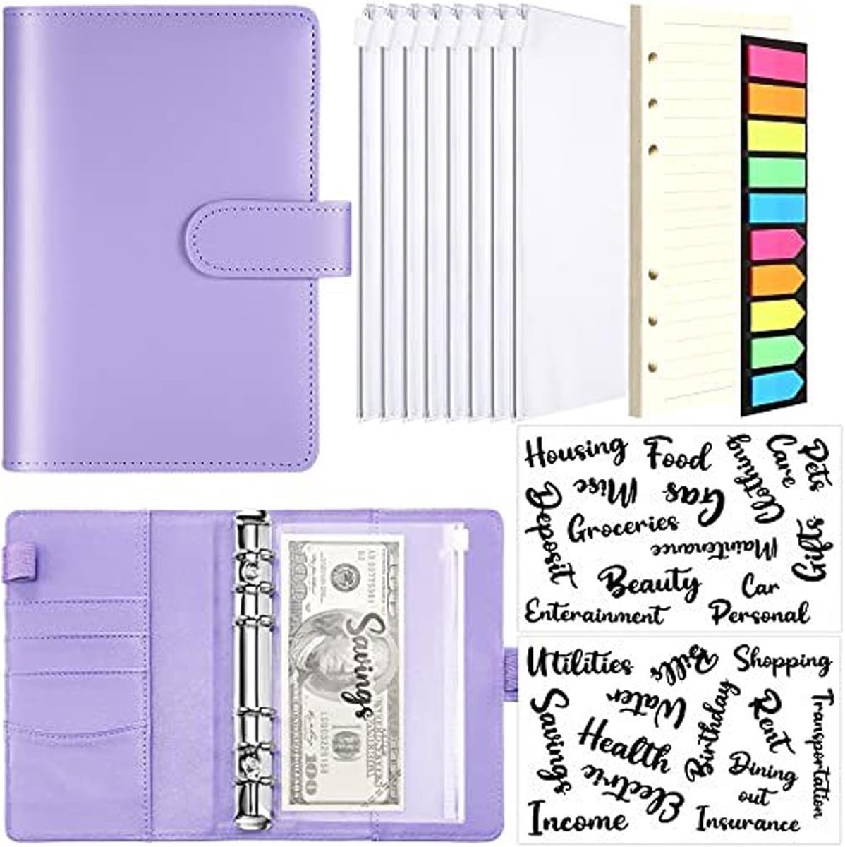 Budget Binder Set voor Geldbeheer, A6 6 Ring Binde met Cash Pockets, Notitie Stickers en Label Stickers voor Effectieve Besparingen en Organisatie