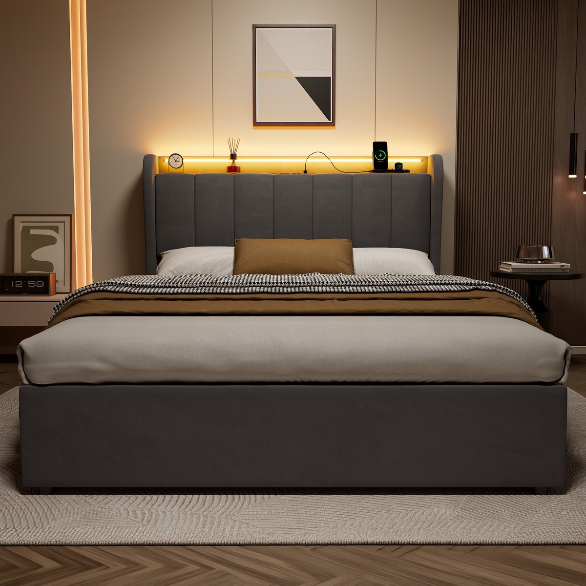 REDOM Opbergbed 140 x 190 cm – Hydraulisch bed met opbergruimte en hoge hoofdbordlook – LED-verlichting – Voor de slaapkamer – Velvet – Donkergrijs