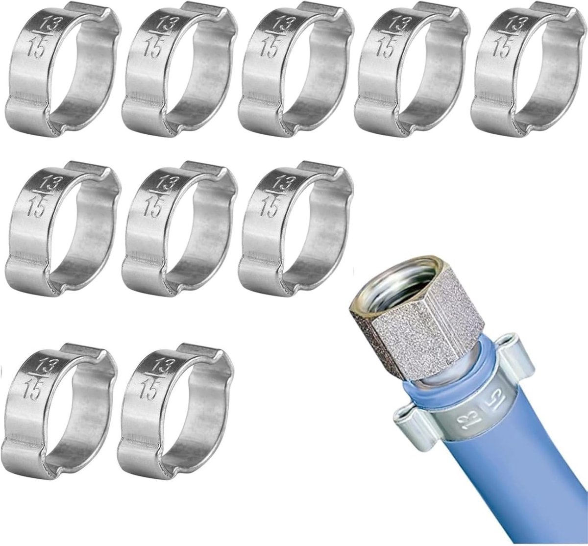 Hoge kwaliteit twee-oorkslangklemmen van gegalvaniseerd roestvrij staal voor brandstof- en gasleidingen (10 stuks, 5-23mm en 13-15mm)