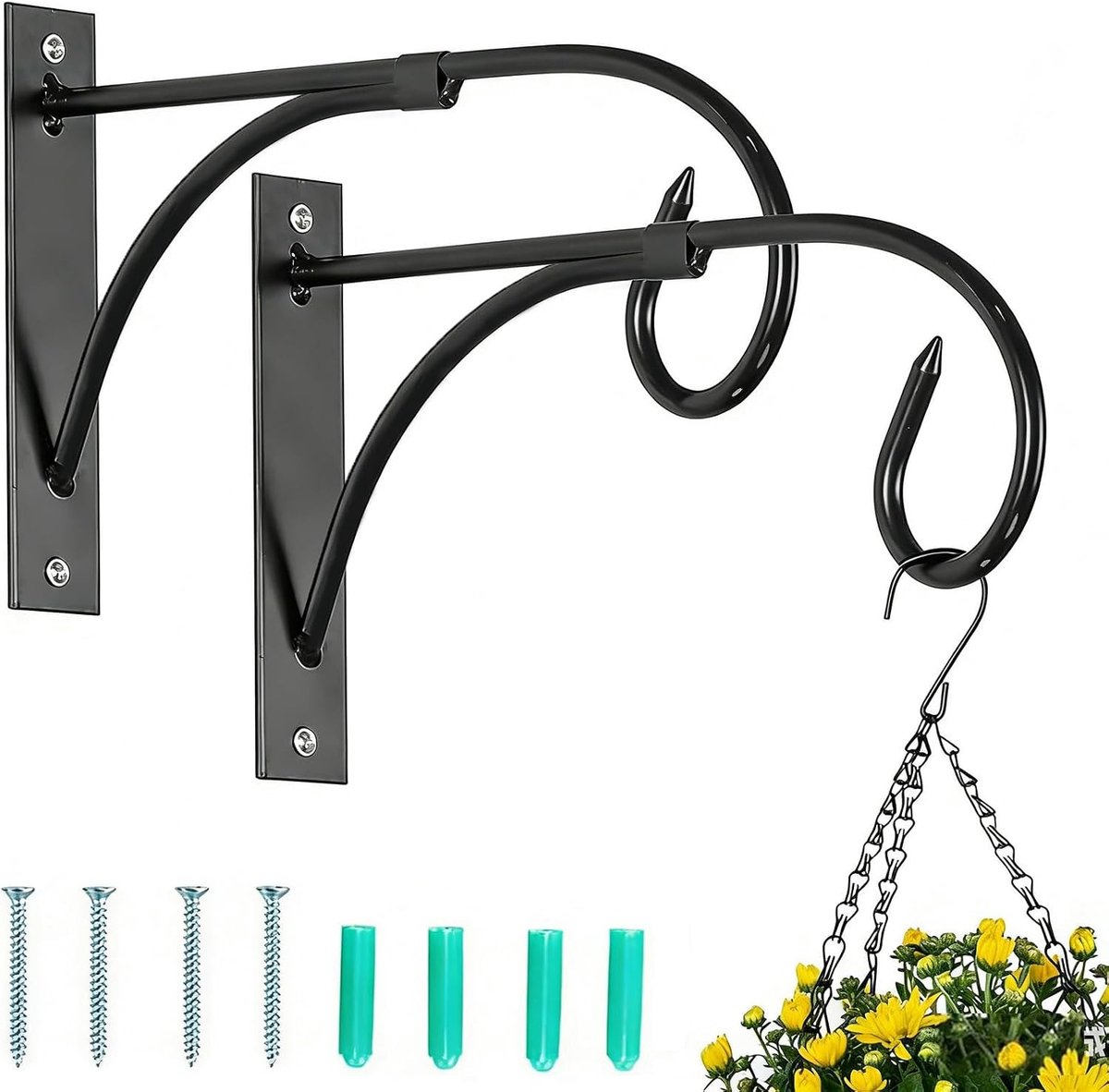 2 Stuks Hangende Mand Beugels: Metalen Tuinhaken voor Wandplanten, Fence Lantaarns en Vogelvoeders - Zwart, Duurzaam en Weerbestendig
