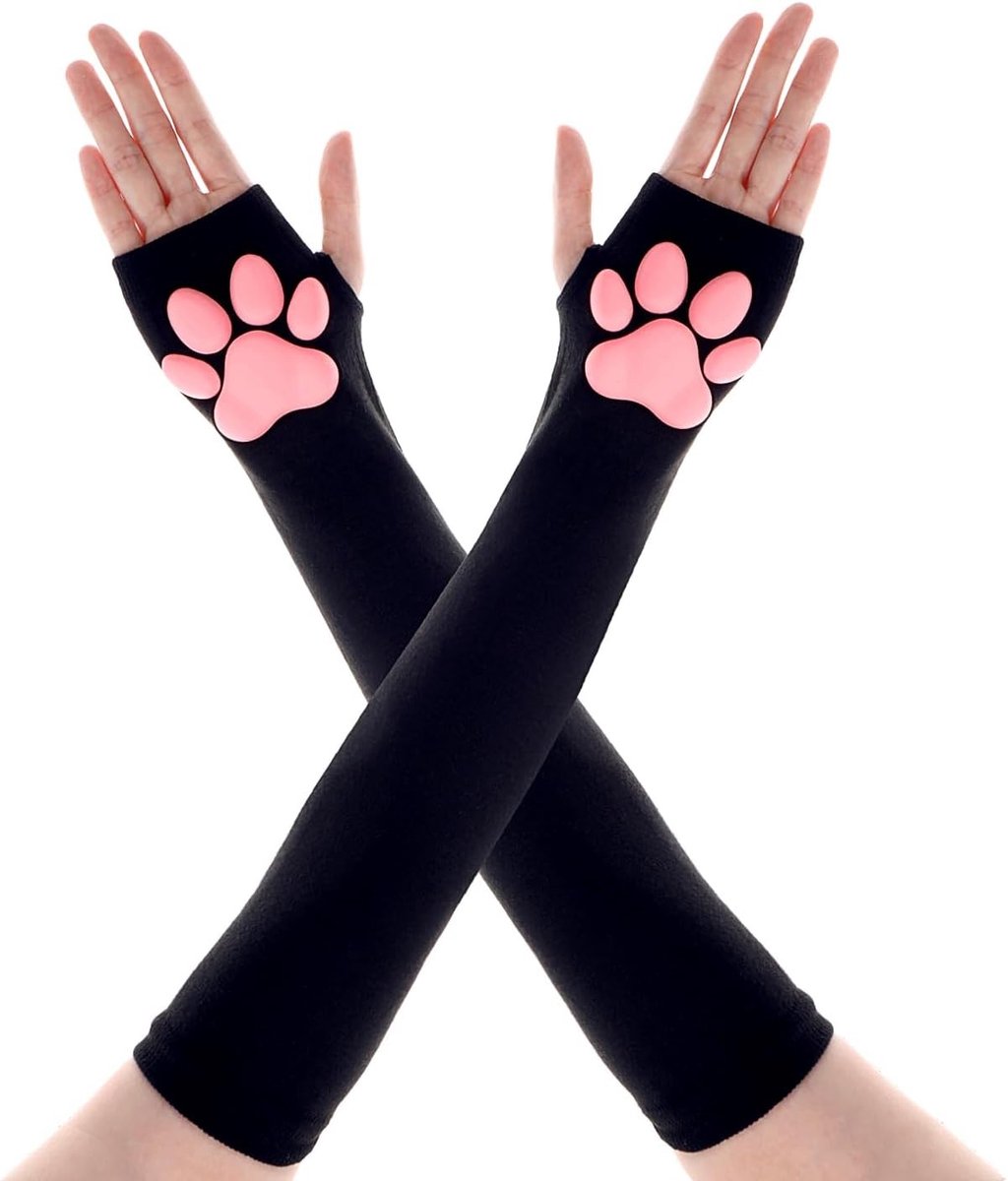 Dierlijke Poot Handschoenen - Lange Vingerloze Poot Mittens met 3D Roze Poot Pad voor Halloween, Zwart, One Size, Perfect voor Kostuum en Feestjes