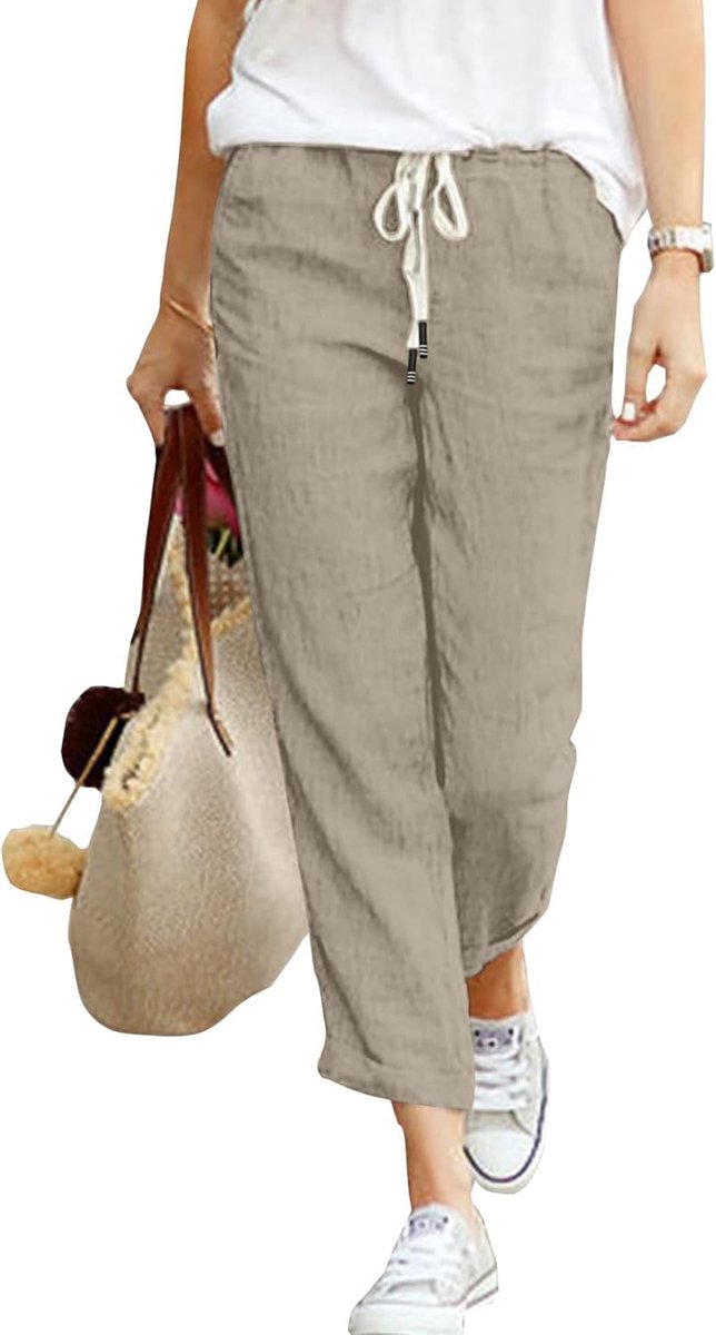 Damesbroek, zomerbroek, 7/8, casual, lichte katoenen linnen broek, stoffen broek, comfortabele luchtige vrijetijdsbroek, strandbroek met zakken