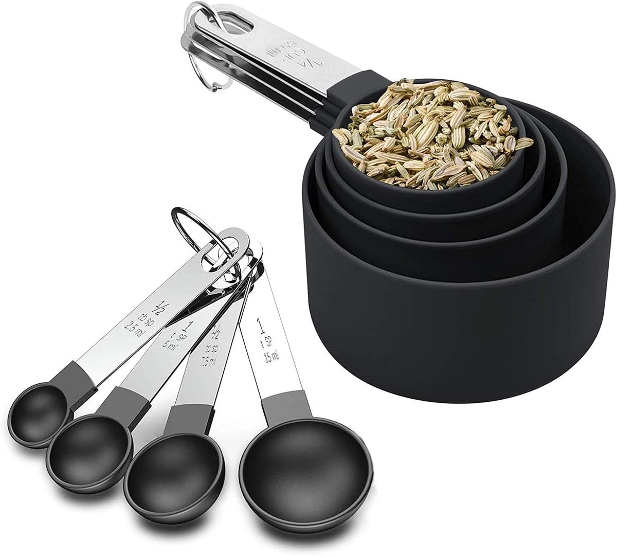 8-delige set, kunststof maatbeker en lepel met roestvrijstalen greep, meetgereedschap voor vloeistoffen en vaste stoffen, voor het koken in de keuken (zwart)