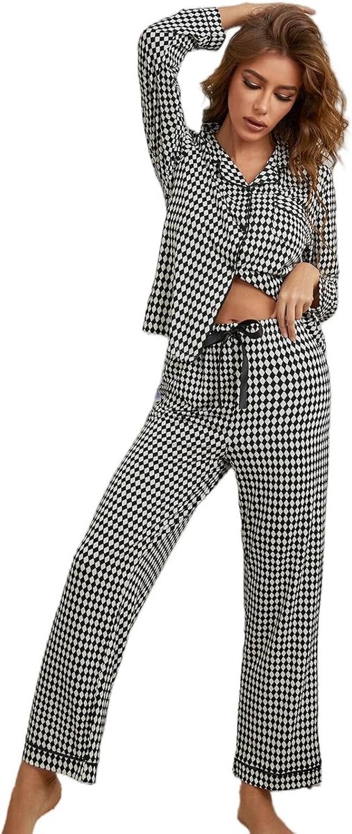 Pajama Set Fashionable Plaid Cardigan Long Sleeve Pajamas, Black And White Plaid Pajamas Loungewear, Comfortable And Soft-A-S
