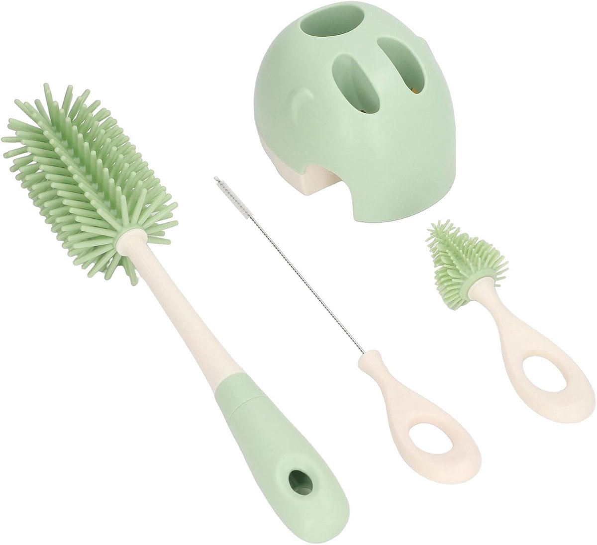 Flessenborstel, babyflesreiniger, tepelrietjes, borstelset, flessenreinigingsborstelset met tepelreiniger en standaardspons en schrobber (groen, recht handvat)