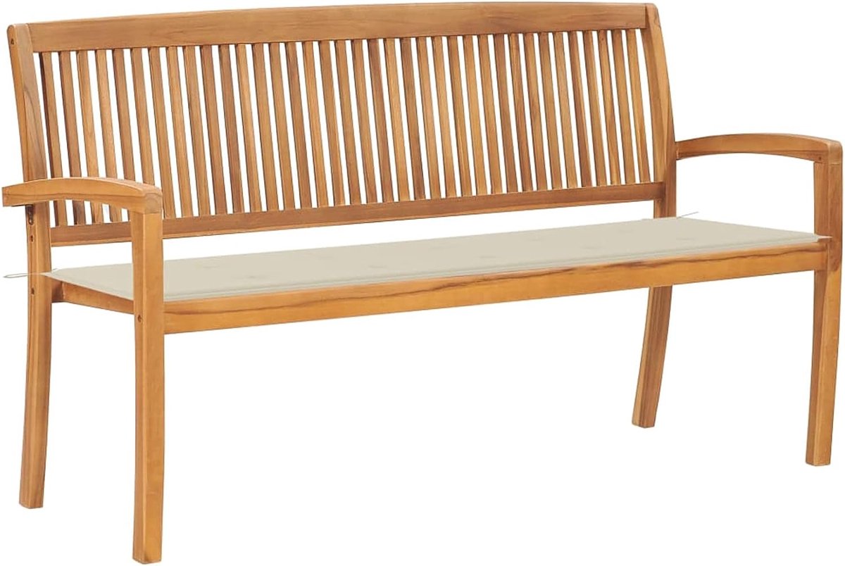 Bank, tuinbank, outdoor, terras, 3-zits, van teakhout, 159 x 57,5 x 90 cm, met kussen, houten tuinbank voor 3-zits