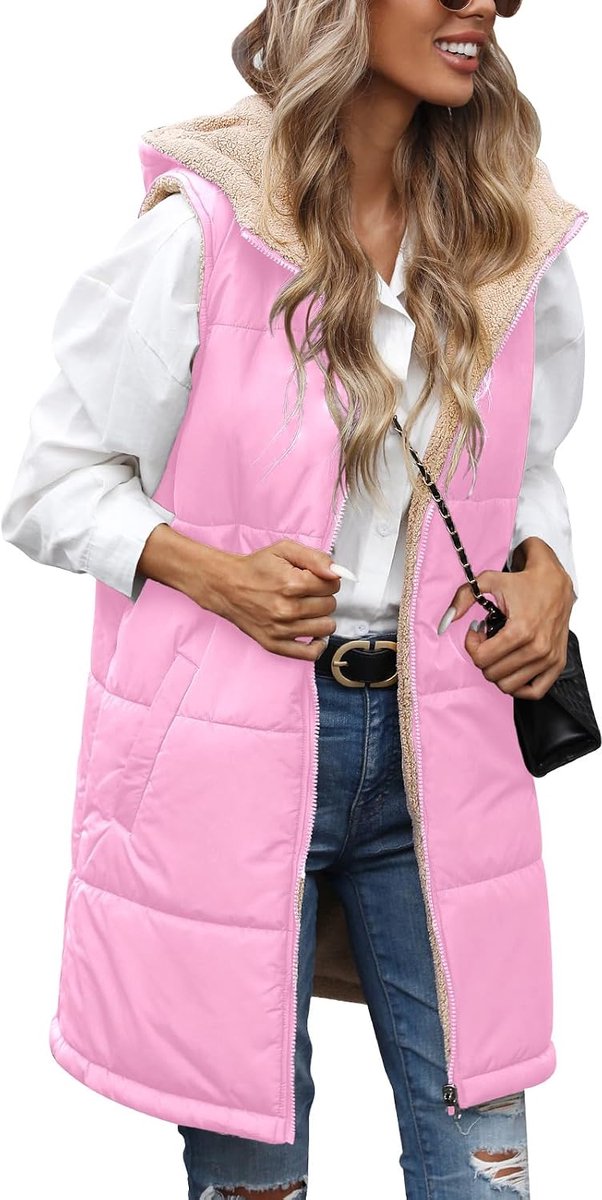 Dames lange winterjas mouwloos fleecejack warm gewatteerd vest winter herfst donsvest lang gewatteerde casual lang vest winterjas met capuchon ritssluiting