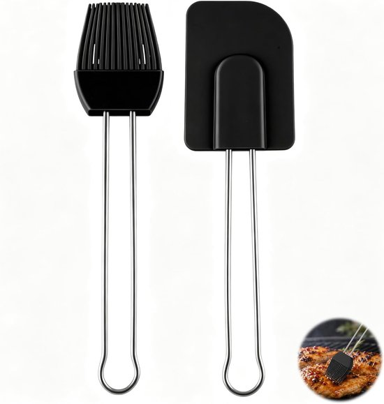 Set bevat een zwarte schraper en een zwarte borstel, keuken met zwarte siliconen kop, maryse, bakspatel, maryse, siliconen handvat, voor cake, room, chocolade en bakken — afbeelding 2