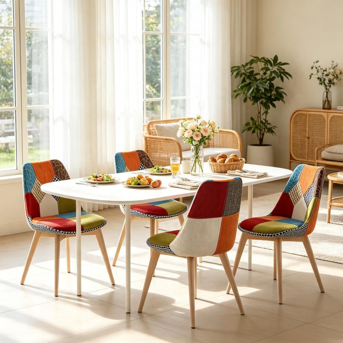 FloraGrace Eetkamerstoelen Set Van 4 – Gewatteerde Linnen Zitting – Ergonomische Rugleuning – Voor Eetkamer En Keuken – Hout – Multicolor